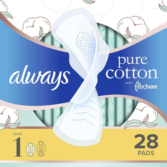 Always Pure Cotton Feminine Pads With Wings, Size 1, Regular Absorbency, 28 CT