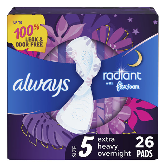 Always Radiant Feminine Pads with Wings, Size 5, Extra Heavy Overnight Absorbency, Scented, 26 CT