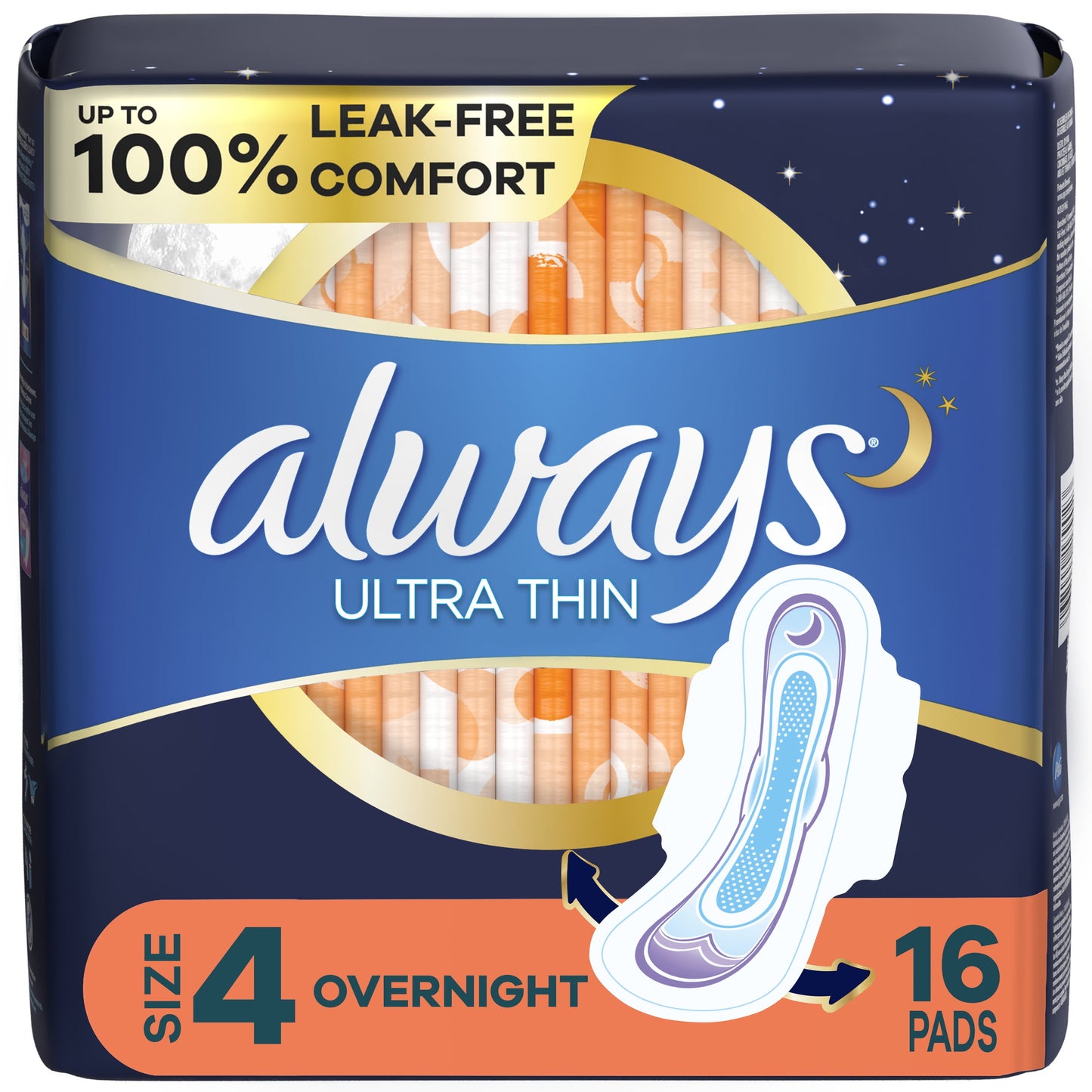 Always Ultra Thin Overnight Pads with Wings, Size 4, Overnight Absorbency, 16 CT