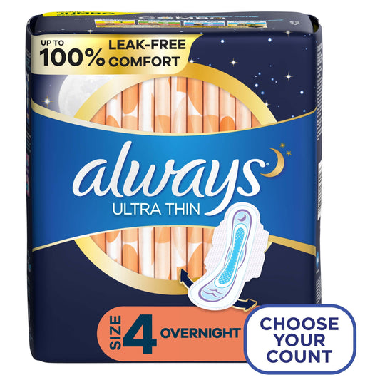 Always Ultra Thin Overnight Pads with Wings, Size 4, Overnight Absorbency, 36 Count