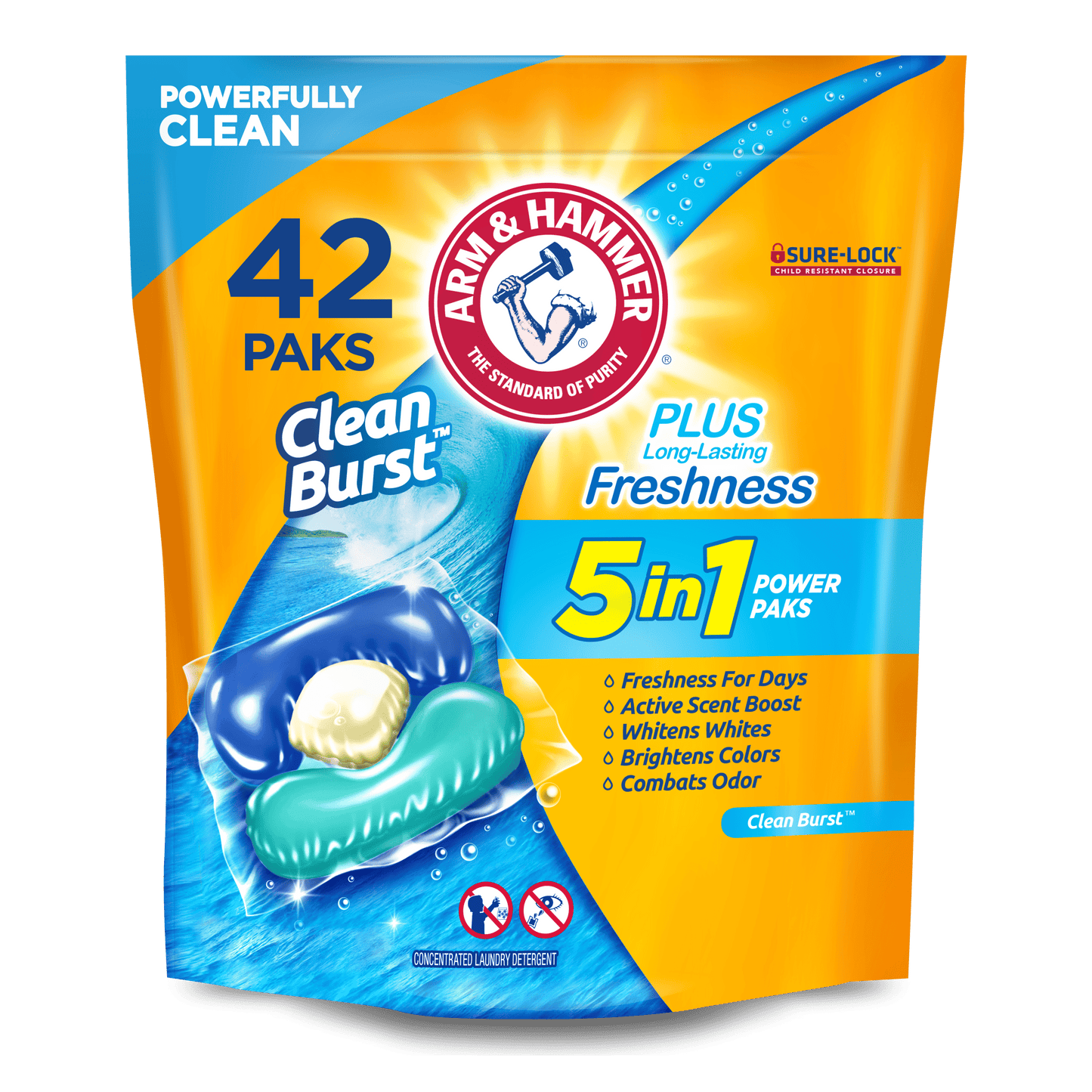 Arm & Hammer Clean Burst 5-in-1 Laundry Detergent Power Paks, High Efficieny (HE), 42 Count