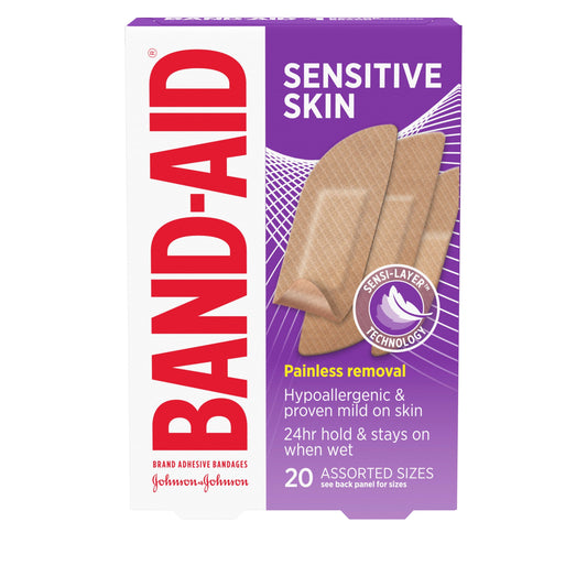 Band-Aid Brand Adhesive Bandages for Sensitive Skin, Assorted, 20 ct