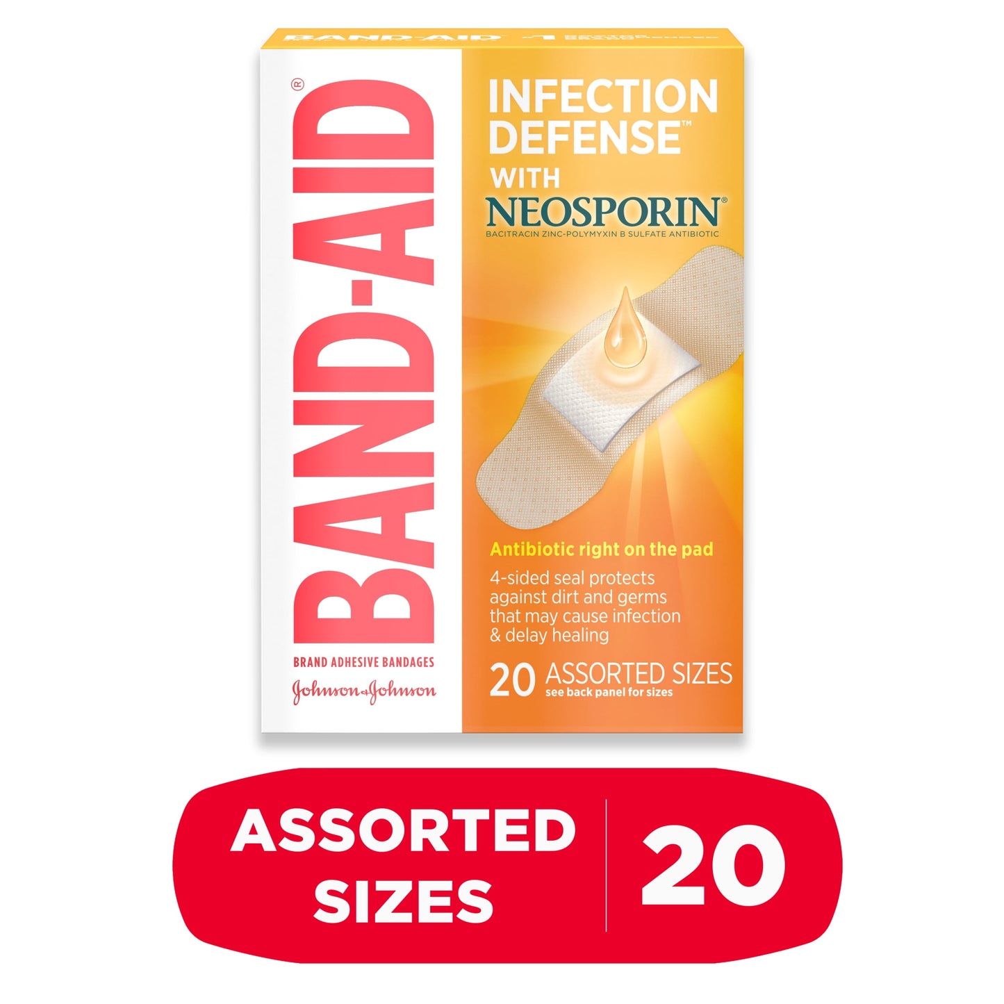 Band-Aid Brand Bandages with Neosporin Antibiotic, Assorted Sizes, 20 ct