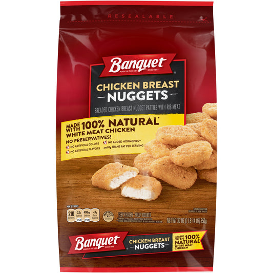 Banquet White Meat Chicken Breast Nuggets Frozen Meal, 30 oz Bag (Frozen)