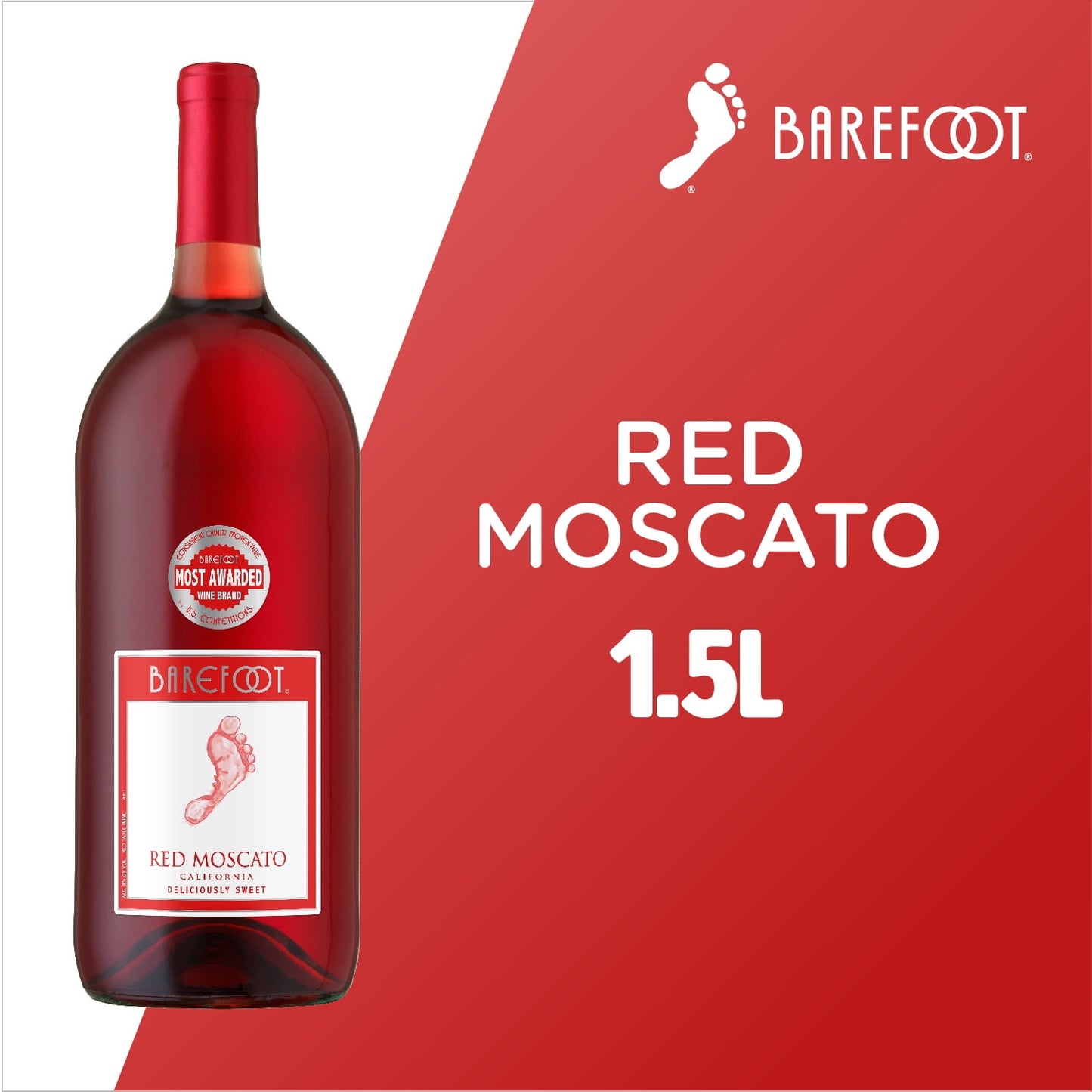 Barefoot Red Moscato Sweet Red Wine, California, 1.5 Liter Glass Bottle