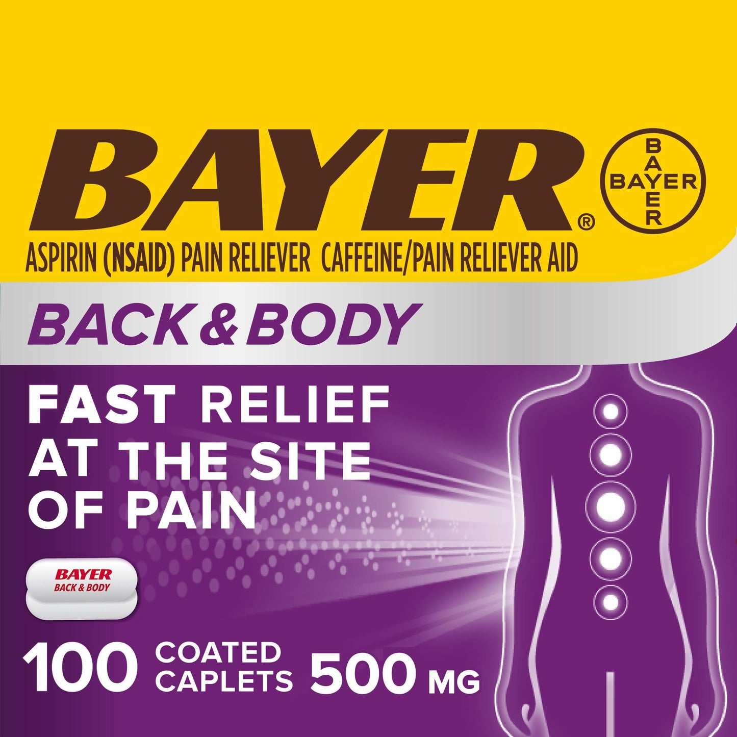 Bayer Back & Body Extra Strength Pain Reliever Aspirin w Caffeine, 500mg Coated Tablets, 100 Count