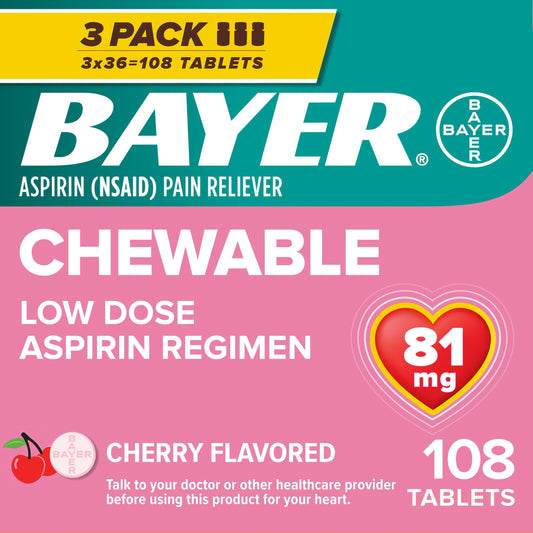 Bayer Chewable Aspirin Regimen Low Dose Pain Reliever Tablets, 81mg, Cherry, 108 Count