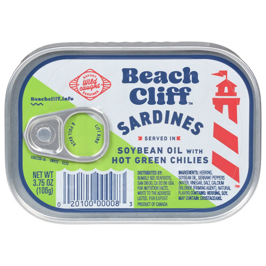 Beach Cliff Sardines in Soybean Oil with Hot Green Chilies, 3.75 oz Can