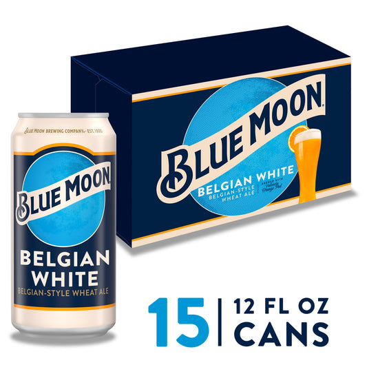 Blue Moon Belgian White Wheat Ale Craft Beer, 15 Pack, 12 fl oz Cans, 5.4% ABV