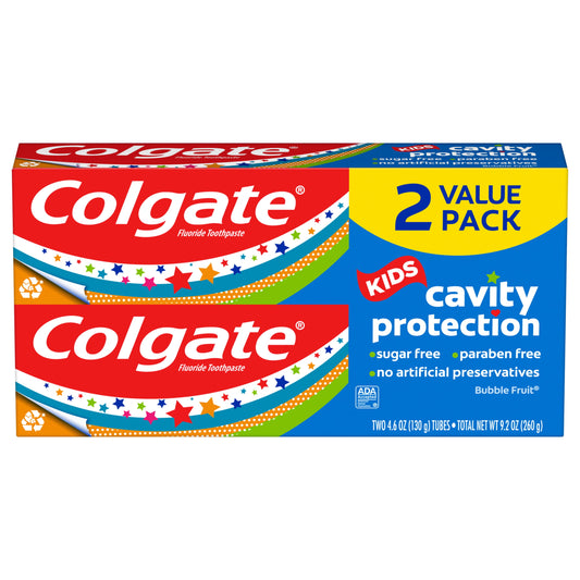 Colgate Kids Toothpaste with Fluoride, Kids Cavity Protection Toothpaste, Mild Bubble Fruit Flavor, 2 Pack, 4.6 oz Tubes