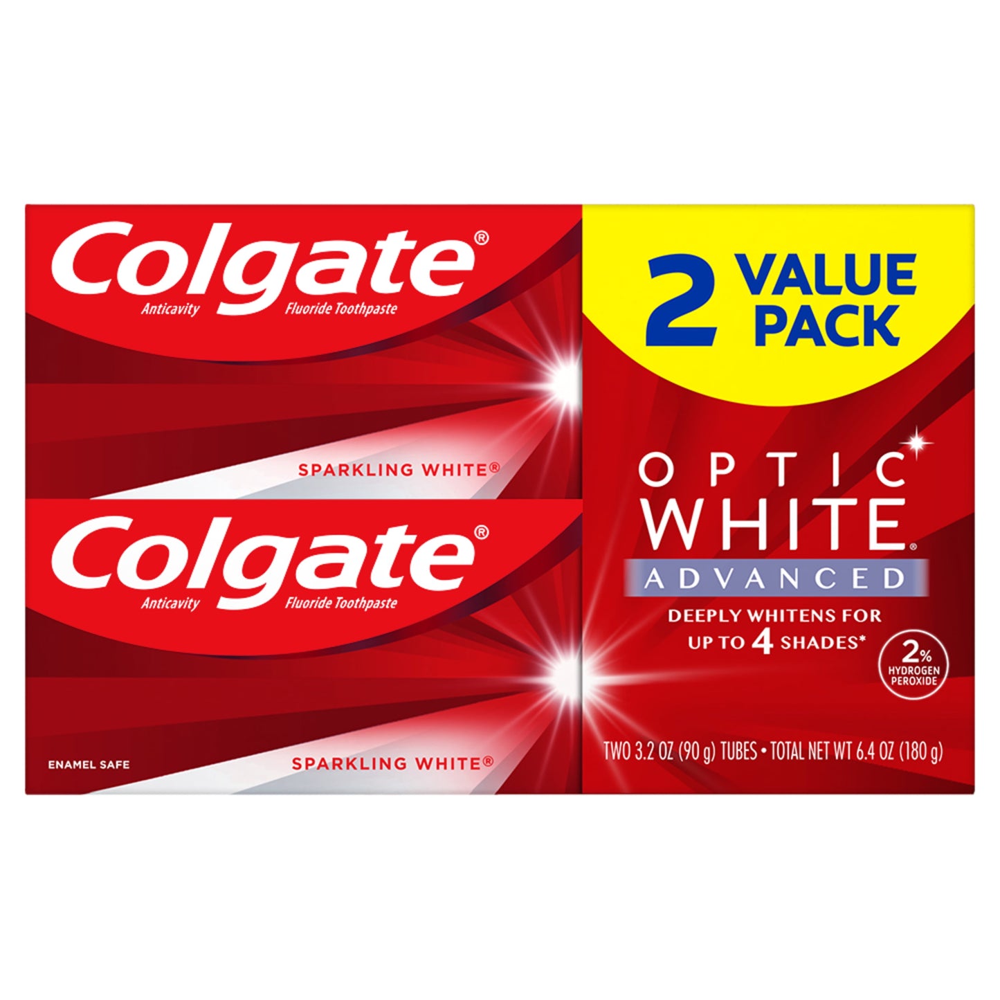 Colgate Optic White Advanced Hydrogen Peroxide Toothpaste, Sparkling White, 2 Pack, 3.2 oz