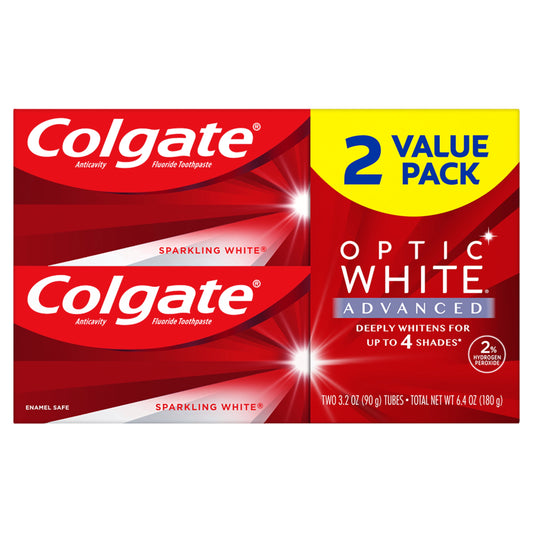 Colgate Optic White Advanced Hydrogen Peroxide Toothpaste, Sparkling White, 2 Pack, 3.2 oz