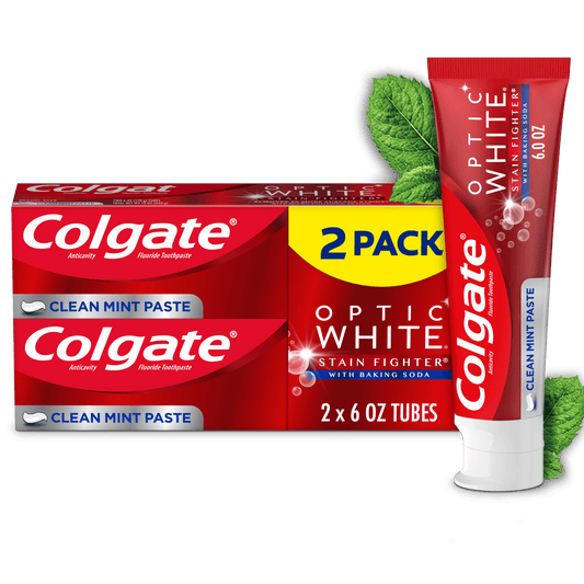 Colgate Optic White Stain Fighter Whitening Toothpaste, 2 Pack, Clean Mint, 6 oz Tubes