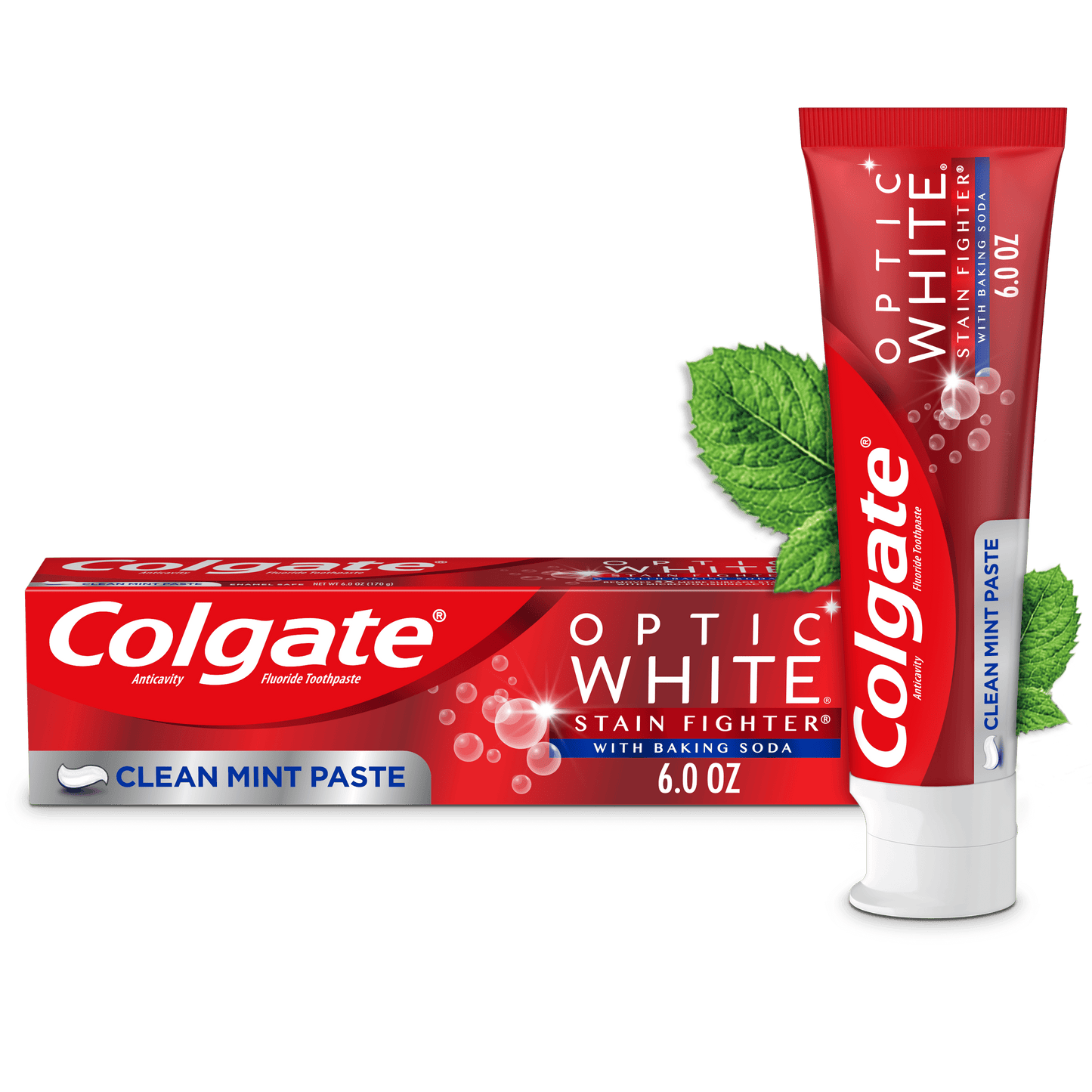 Colgate Optic White Stain Fighter with Baking Soda Whitening Toothpaste, Clean Mint, 6 Oz Tube