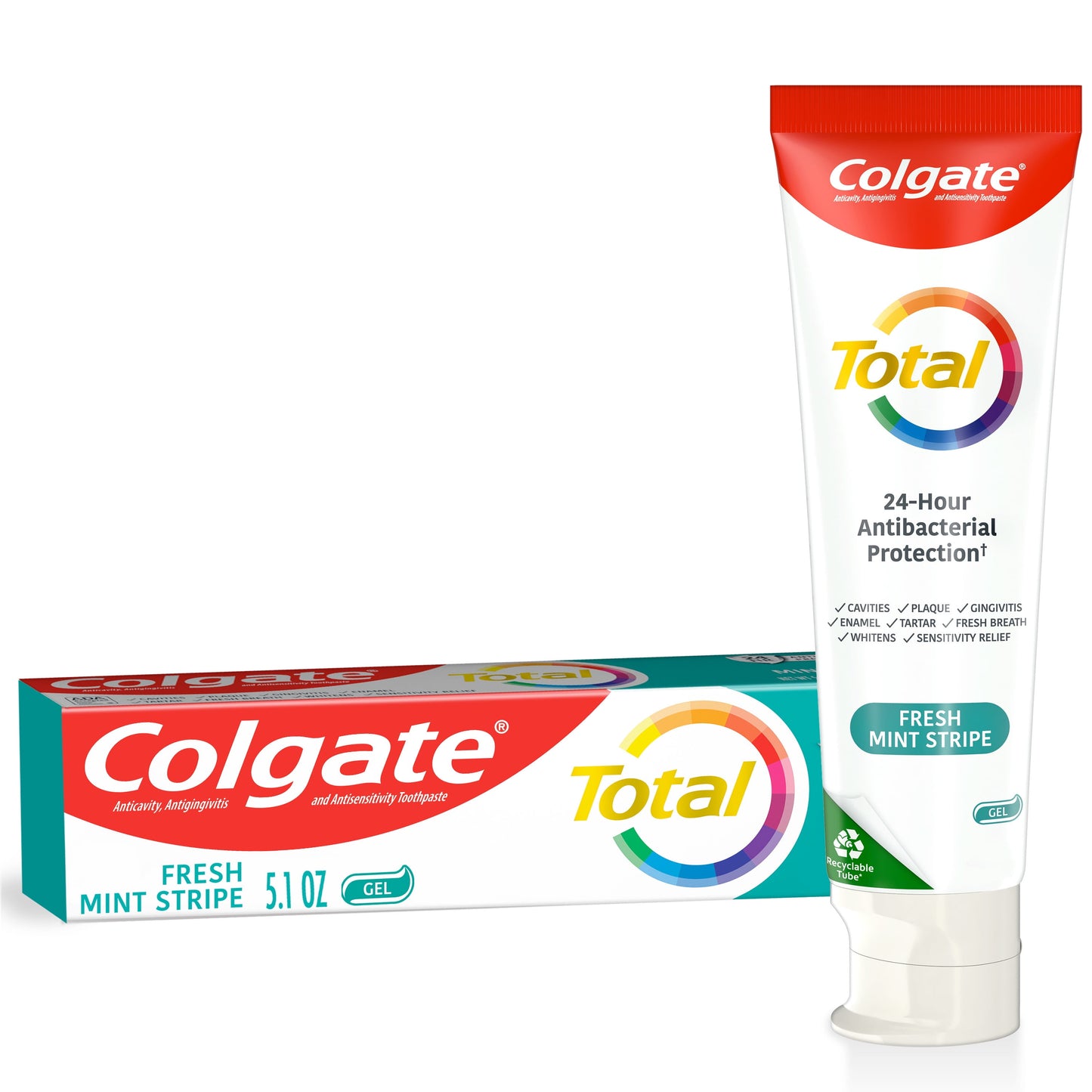 Colgate Total Fresh Mint Stripe Gel Toothpaste, Mint, 1 Pack, 5.1 Oz Tube