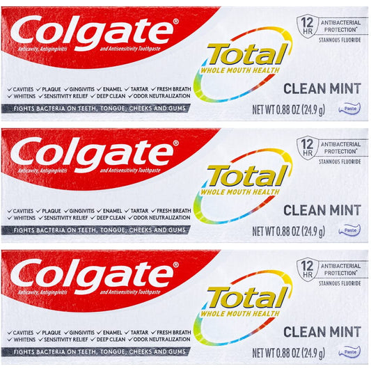 Colgate Total Toothpaste, Clean Mint, Travel Size 0.88 oz (24.9g) - Pack of 3