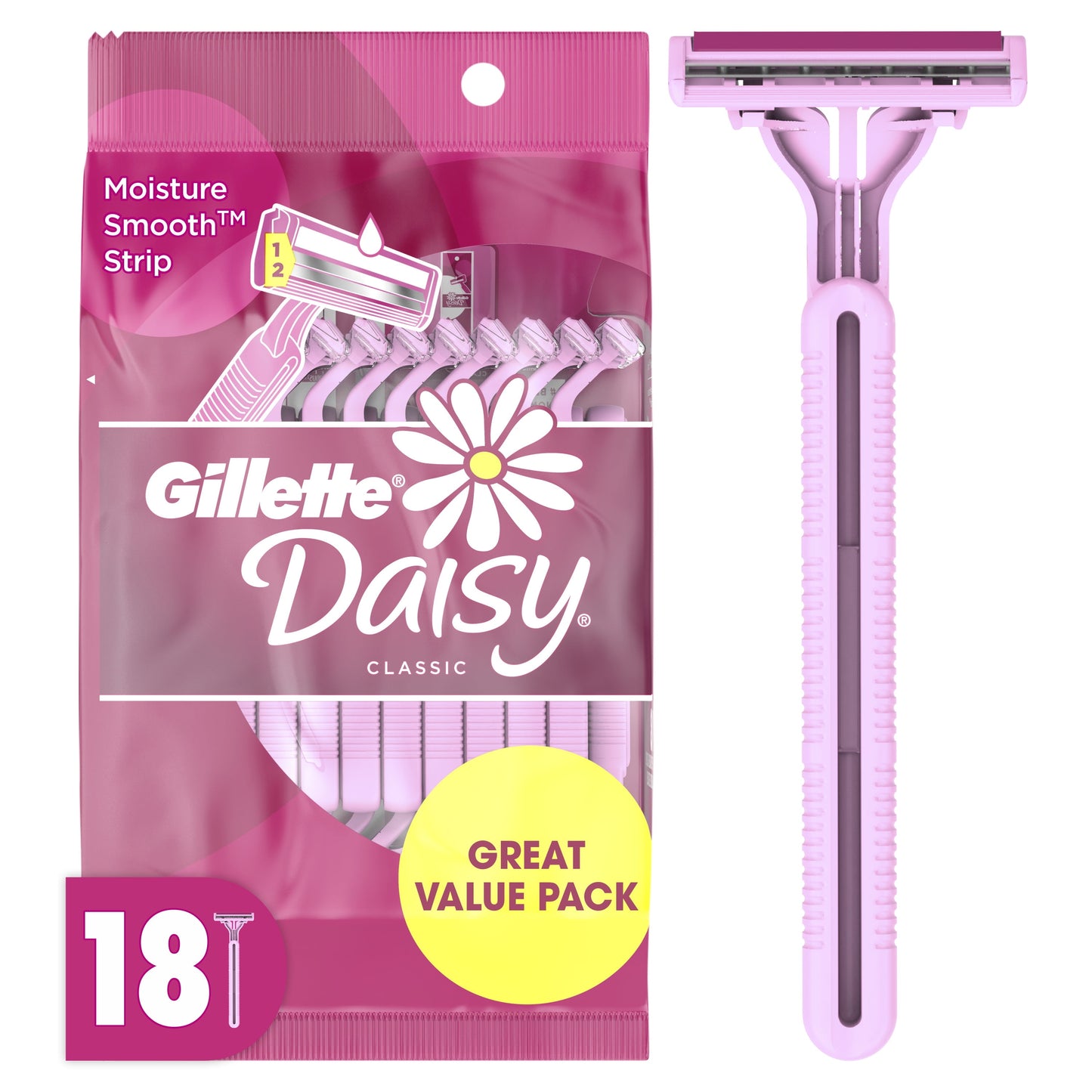 Daisy Gillette Disposable Razors for Women, 2-Bladed, 18 Count, Pink