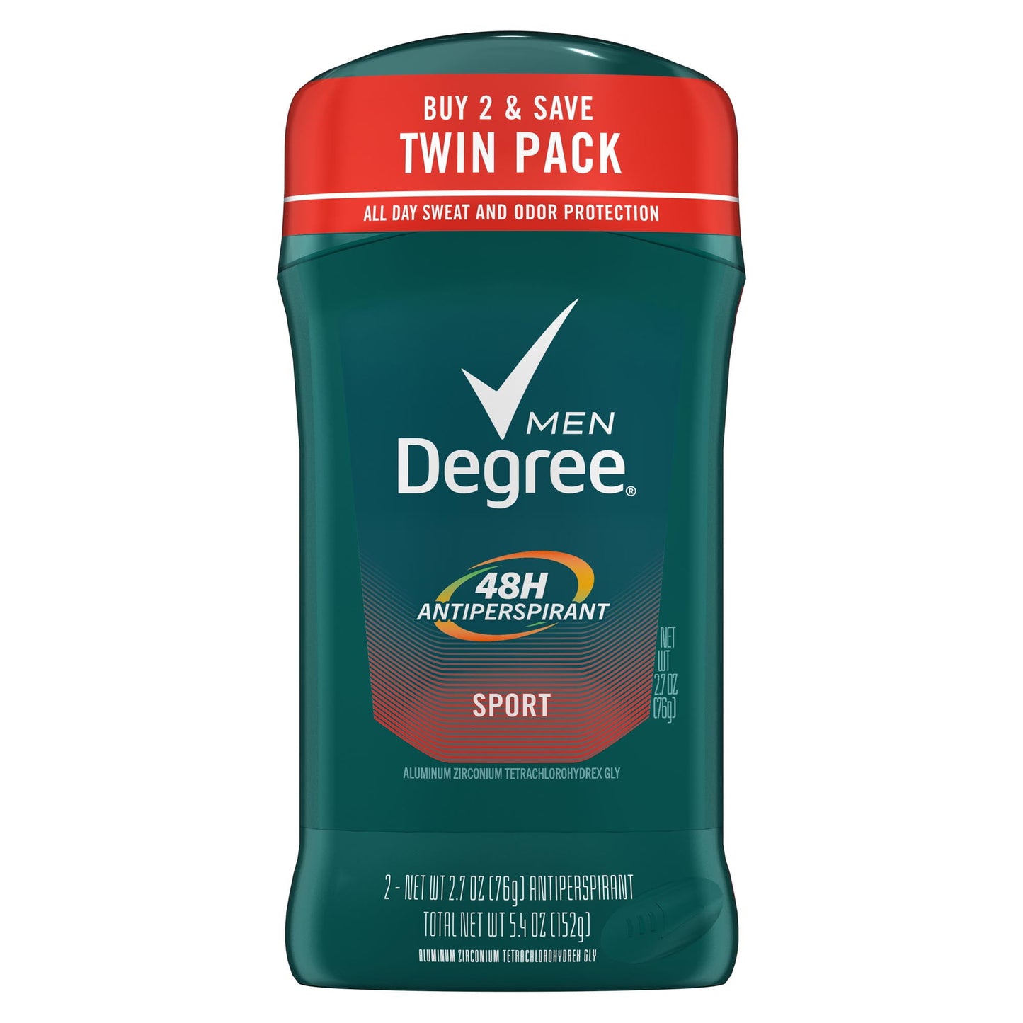 Degree Long Lasting Men's Antiperspirant Deodorant Stick Twin Pack, Sport, 2.7 oz