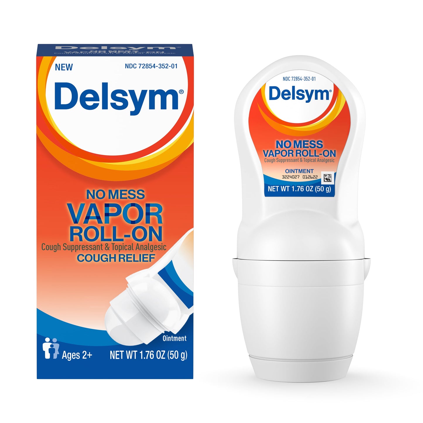 Delsym No Mess Vapor Roll-On Cough Suppressant & Topical Analgesic 1.76 oz with Camphor, Eucalyptus Oil,  Menthol, Adults & Kids, Maximum Strength