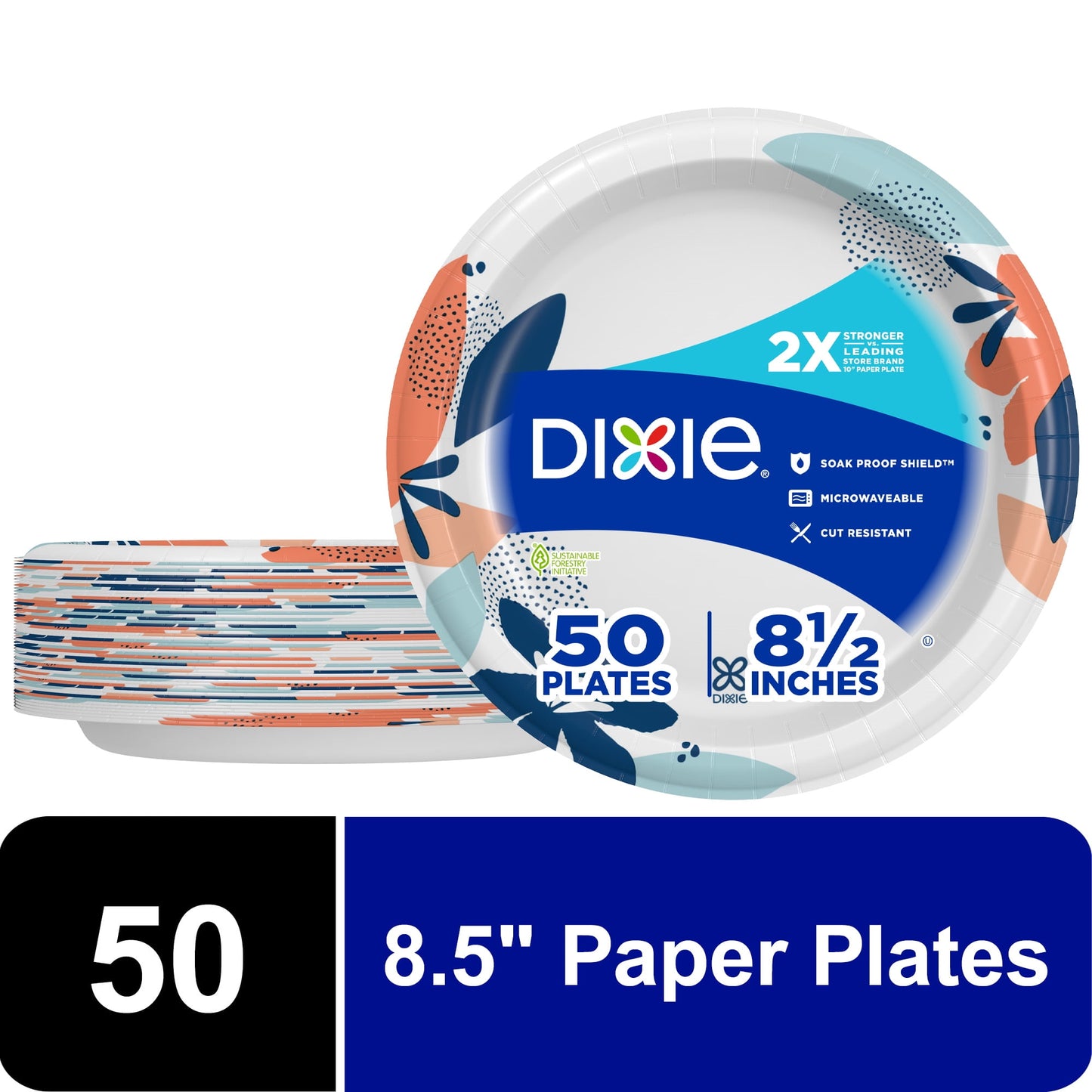 Dixie Disposable Paper Plates, Multicolor, 8.5 in, 50 Count