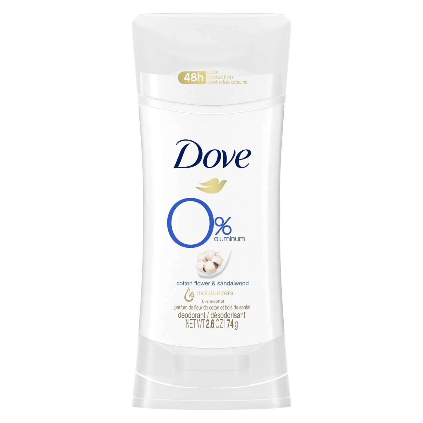 Dove 0% Aluminum Women's Antiperspirant Deodorant Stick, Cotton Flower and Sandalwood, 2.6 oz