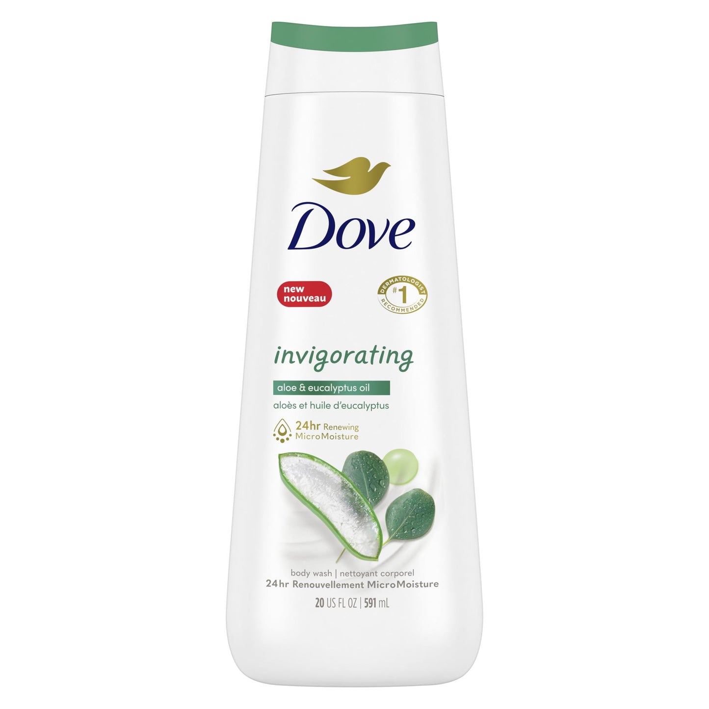 Dove Invigorating Long Lasting Gentle Body Wash, Aloe and Eucalyptus Oil, 20 fl oz