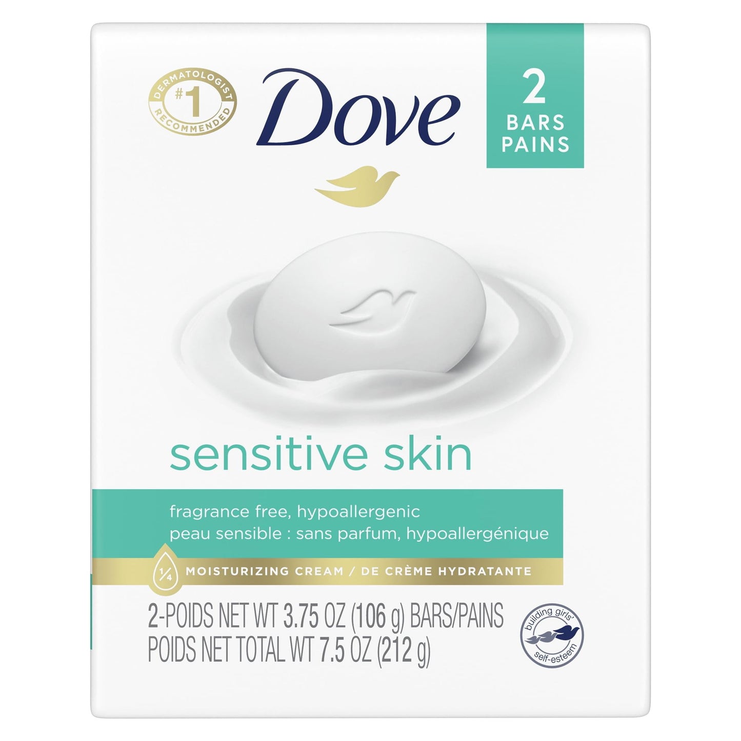 Dove Sensitive Skin Hypoallergenic Beauty Bar Soap, Fragrance Free, 3.75 oz (2 Bars)