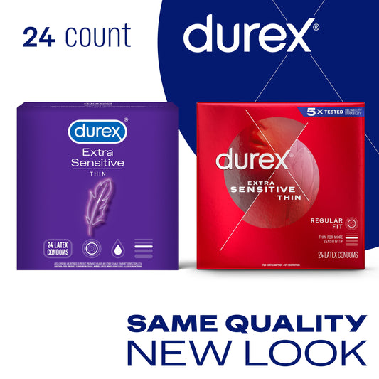 Durex Condom Extra Sensitive Natural Latex Condoms, 24 Count - Ultra Fine & Extra Lubricated, Regular Fit, FSA HSA Eligible