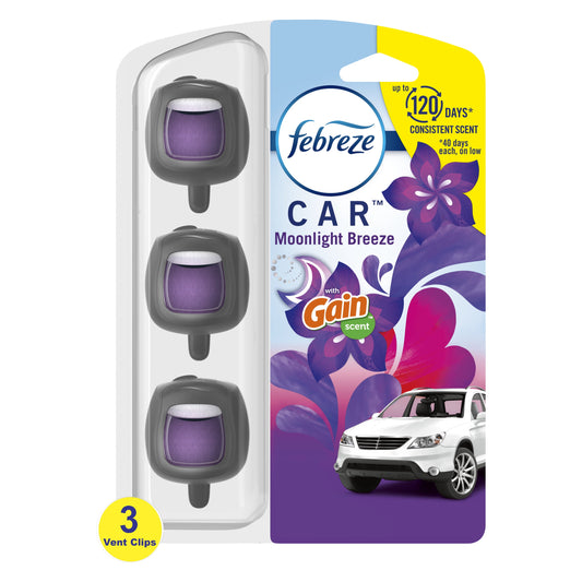 Febreze Car Air Freshener Car Vent Clip Gain Moonlight Breeze Scent, .06 oz., 3 Ct. and Storage Case