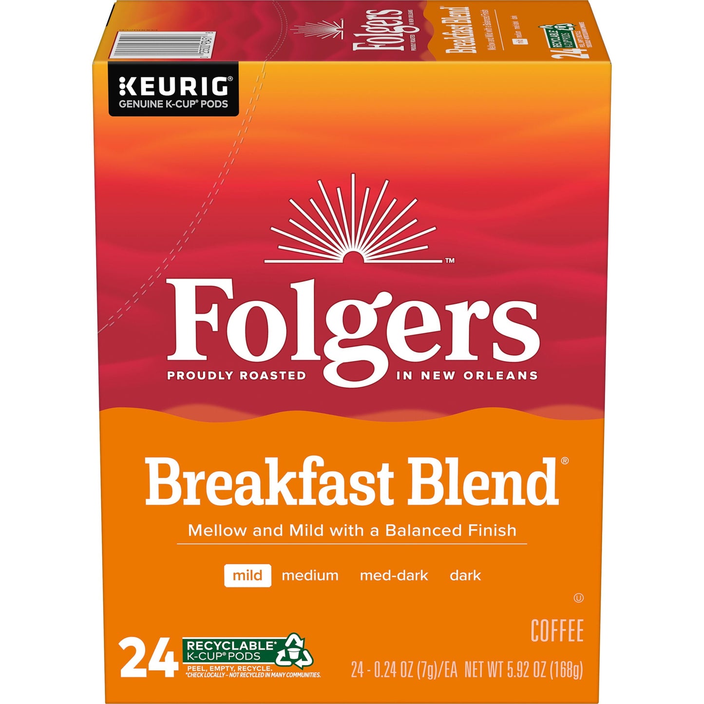 Folgers Breakfast Blend, Mild Roast Coffee, Keurig K-Cup Pods, 24 Count Box