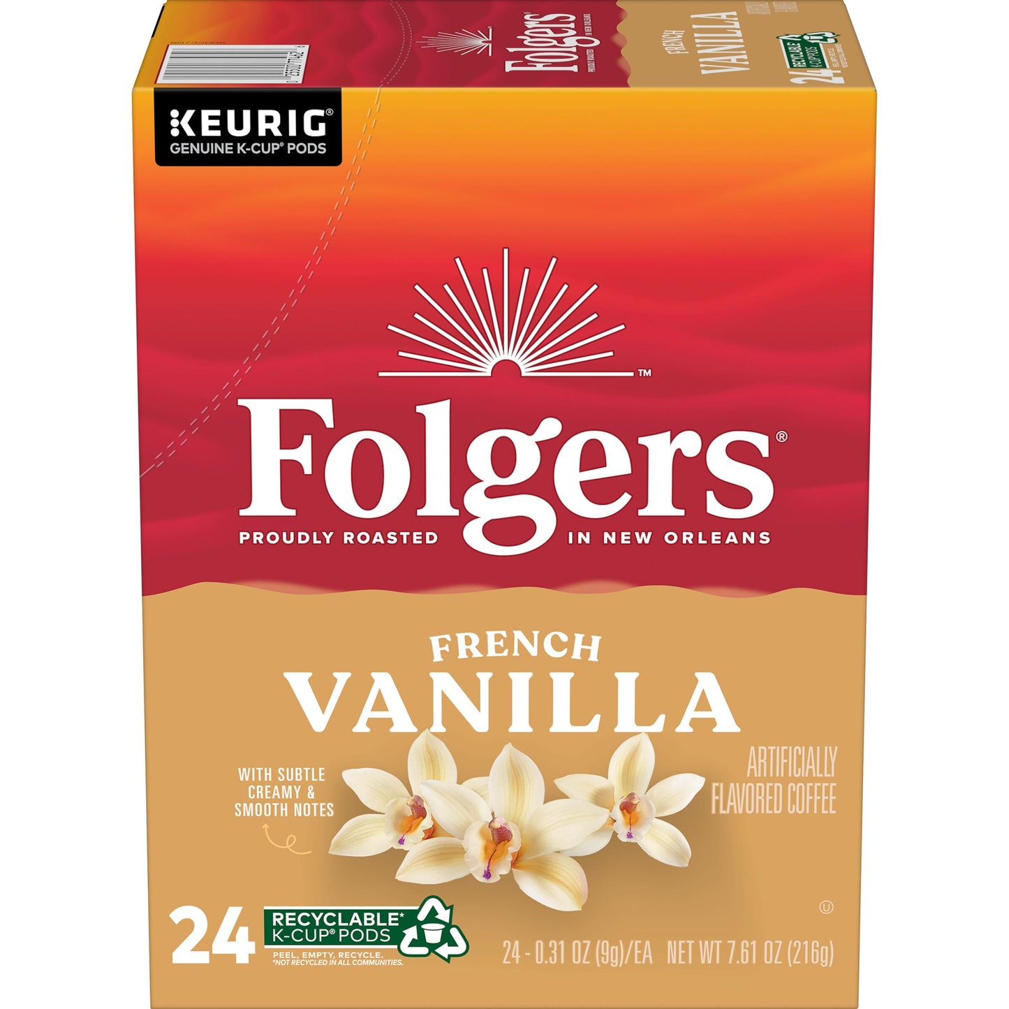 Folgers French Vanilla Artificially Flavored Coffee, Mild Roast, Keurig K-Cup Pods, 24 Count Box