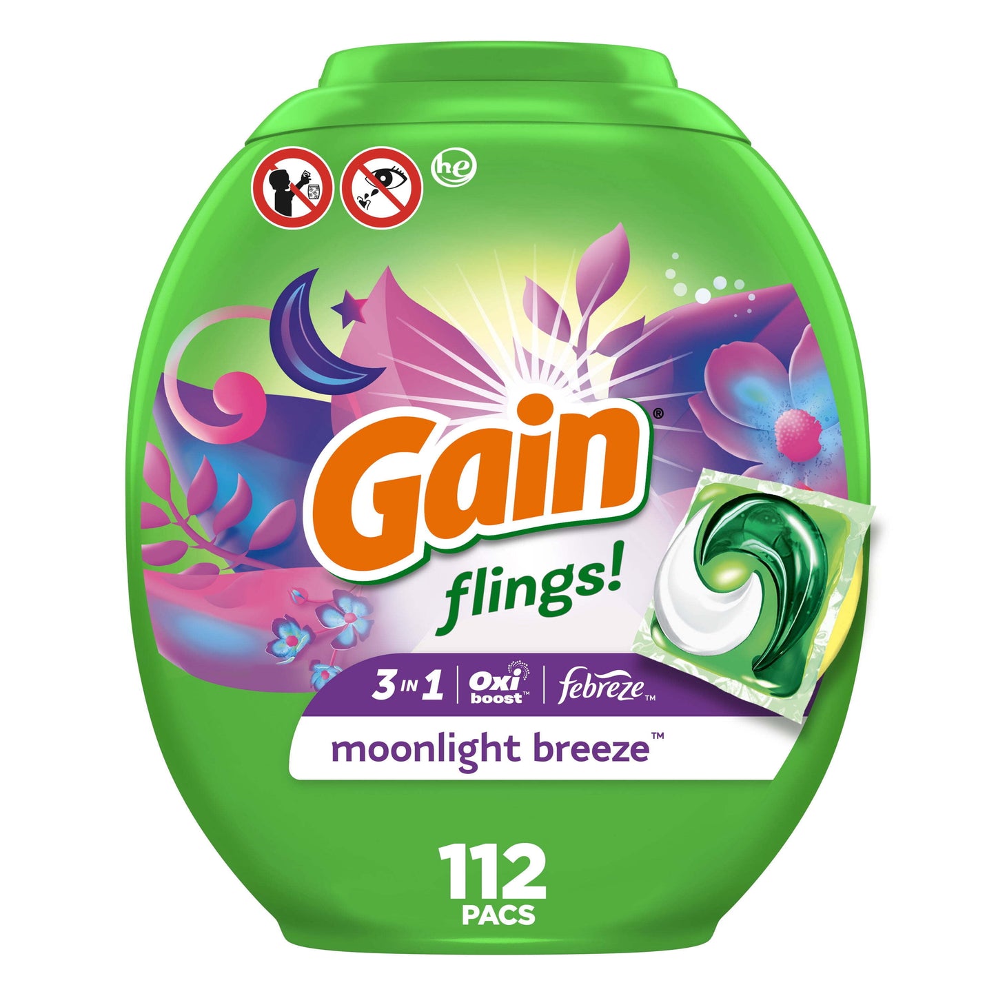 Gain Flings Laundry Detergents Pod, Moonlight Breeze, 112 Ct