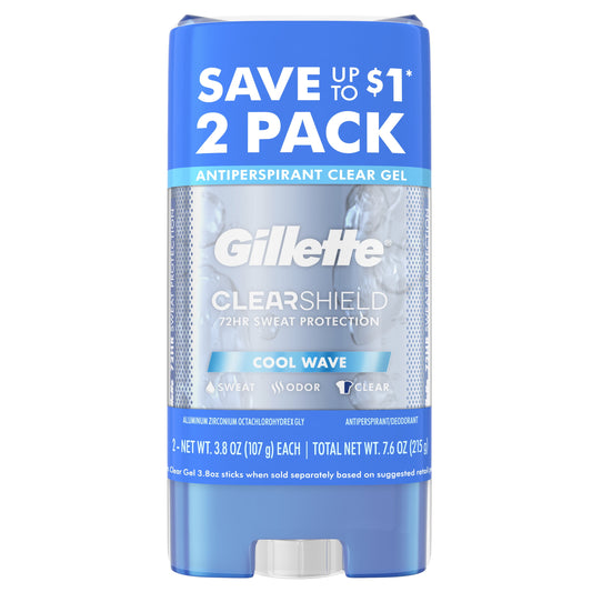 Gillette Antiperspirant Deodorant for Men, Clear Gel, Cool Wave, Twin Pack, 3.8oz