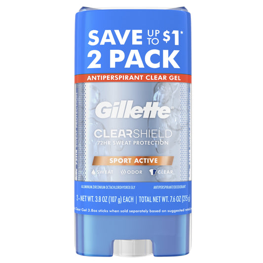 Gillette Antiperspirant Deodorant for Men, Clear Gel, Sport Active, Twin Pack, 3.8 oz