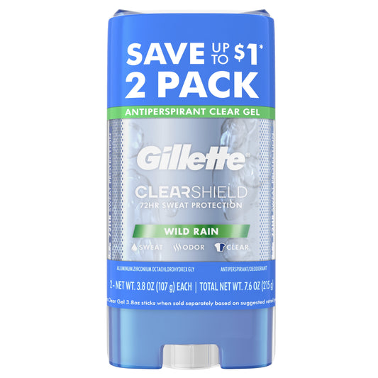 Gillette Antiperspirant Deodorant for Men, Clear Gel, Wild Rain, Twin Pack, 3.8 oz