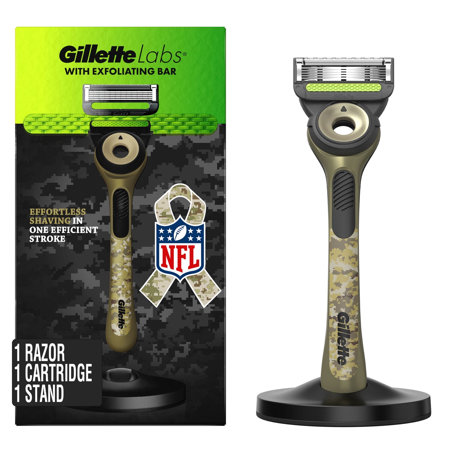 Gillette Labs with Exfoliating Bar Men's NFL Salute to Service Razor with Stand, Green, Camo