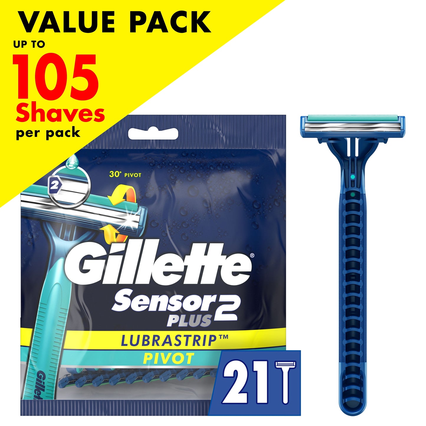 Gillette Sensor2 Plus Pivot Men's Disposable Razor, 21 Razors, Blue