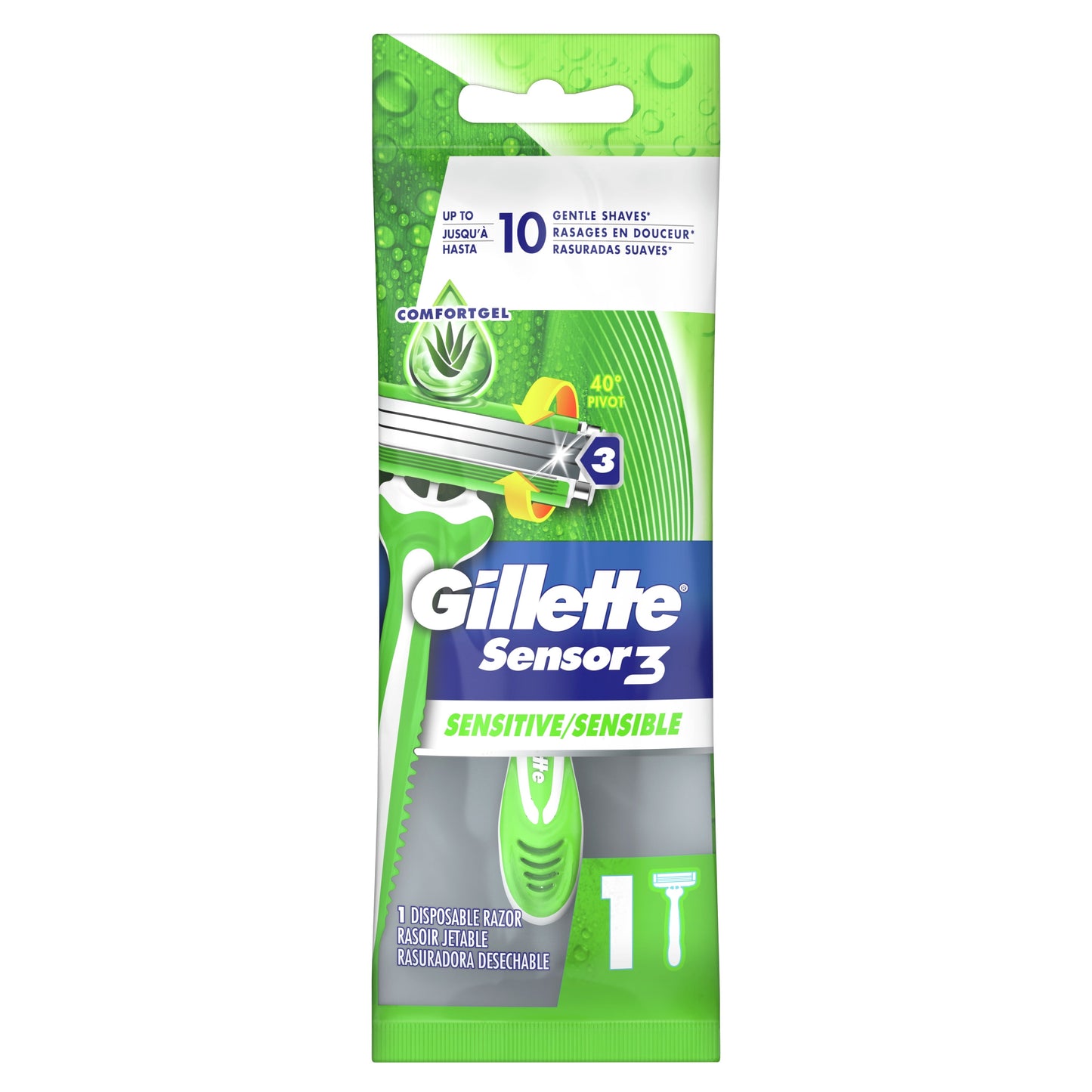 Gillette Sensor3 Sensitive Men's Disposable Razor, 1 Razor, Green