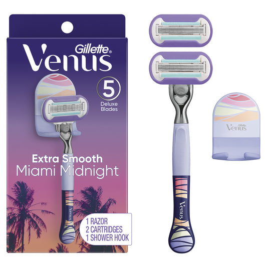 Gillette Venus Miami Midnight Extra Smooth Women's Razor Handle, 2 Blade Refills and Shower Hook