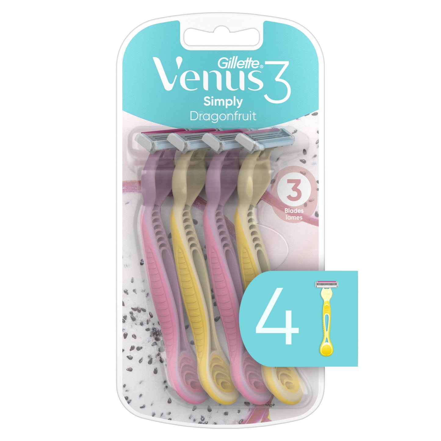 Gillette Venus Simply 3 Dragonfruit Women's Disposable Razor, 4 Count