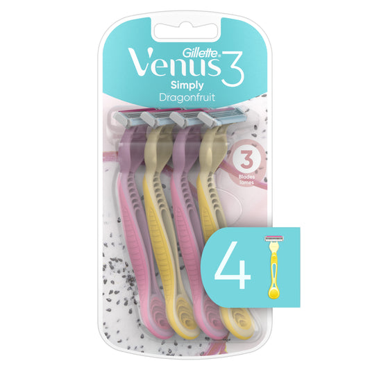 Gillette Venus Simply 3 Dragonfruit Women's Disposable Razor, 4 Count