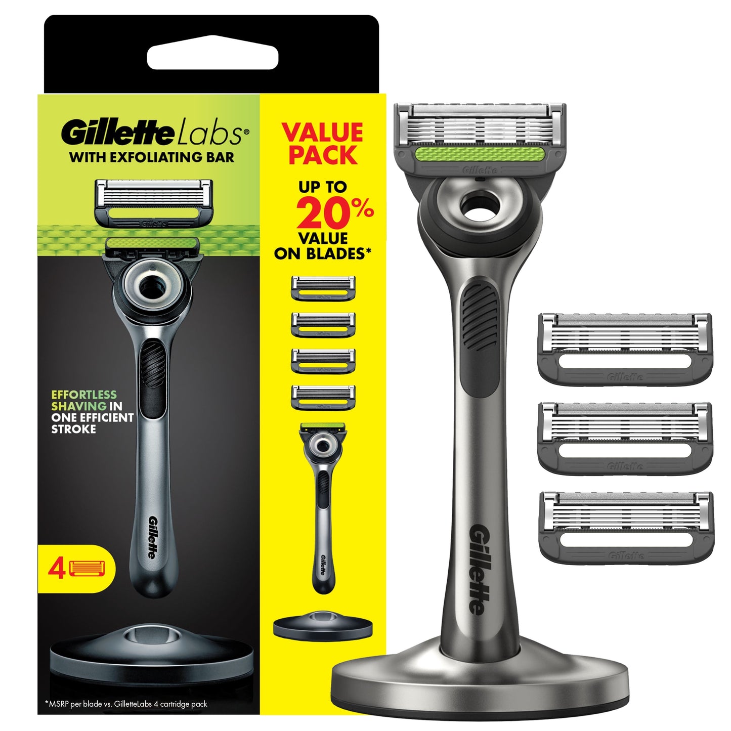 GilletteLabs with Exfoliating Bar by Gillette Razor for Men - 1 Handle, 4 Razor Blade Refills, Includes Premium Magnetic Stand