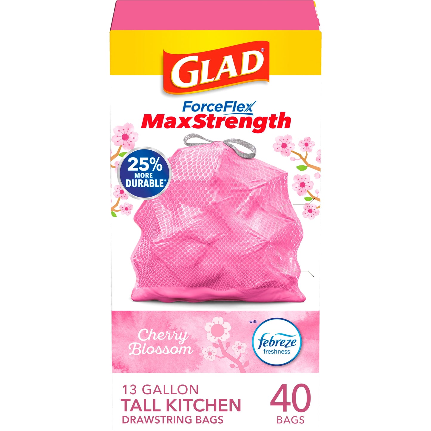 Glad ForceFlex MaxStrength 13 Gallon Tall Kitchen Drawstring Trash Bags, Cherry Blossom, 40 Bags