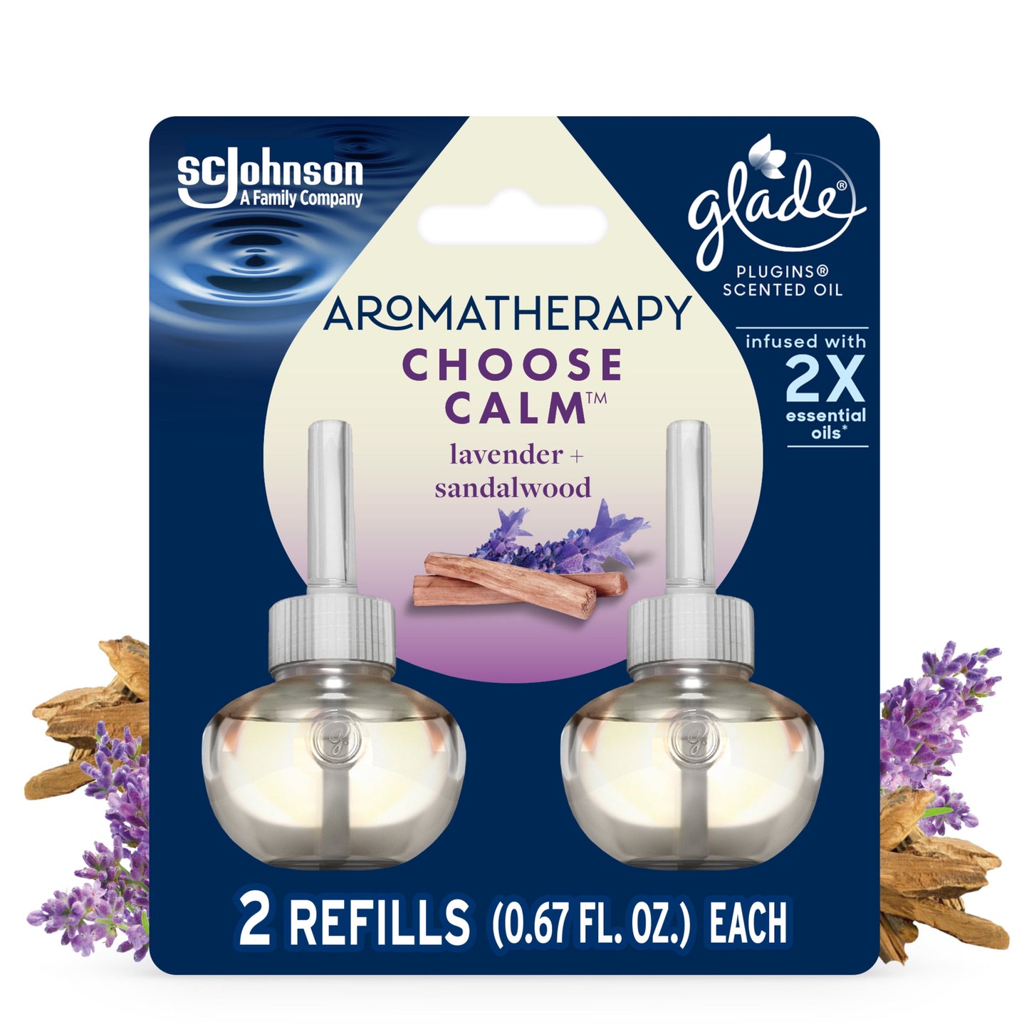 Glade Aromatherapy PlugIns Scented Oil Refills, Air Freshener, Fragrance Infused with Essential Oils, Choose Calm Scent with Notes of Lavender & Sandalwood, 2 x 0.67 oz (19.8 ml)