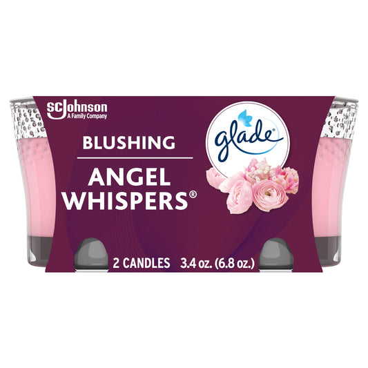 Glade Candle Angel Whispers Scent, 1-Wick, 3.4 oz (96.3 g) Each, 2 Counts, Fragrance Infused with Essential Oils, Notes of Bulgarian Rose, Peach, White Floral Bouquet, Lead-Free Wick Scented Candles