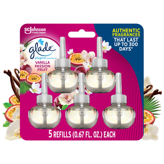 Glade PlugIns Refill 5 ct, Vanilla Passion Fruit, 3.35 FL. oz. Total, Scented Oil Air Freshener Infused with Essential Oils