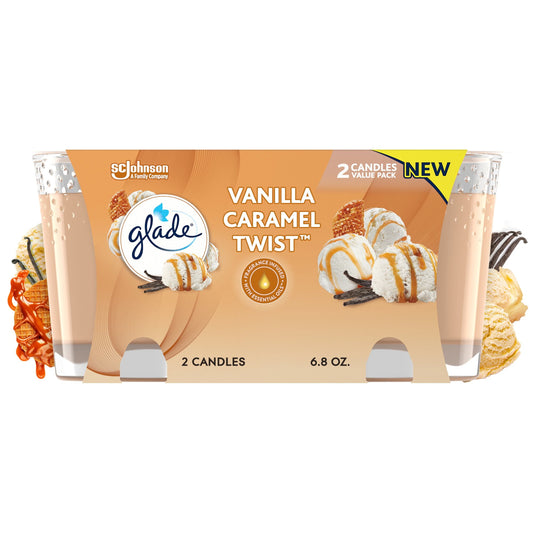 Glade Small Twin Candle, Scented Candles, Vanilla Caramel Twist, 3.4 oz, Pack of 2