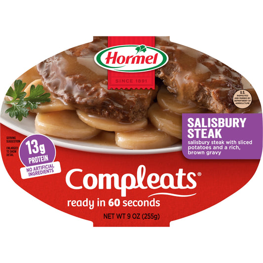 HORMEL COMPLEATS Salisbury Steak with Sliced Potatoes, Shelf Stable, 9 oz Plastic Tray