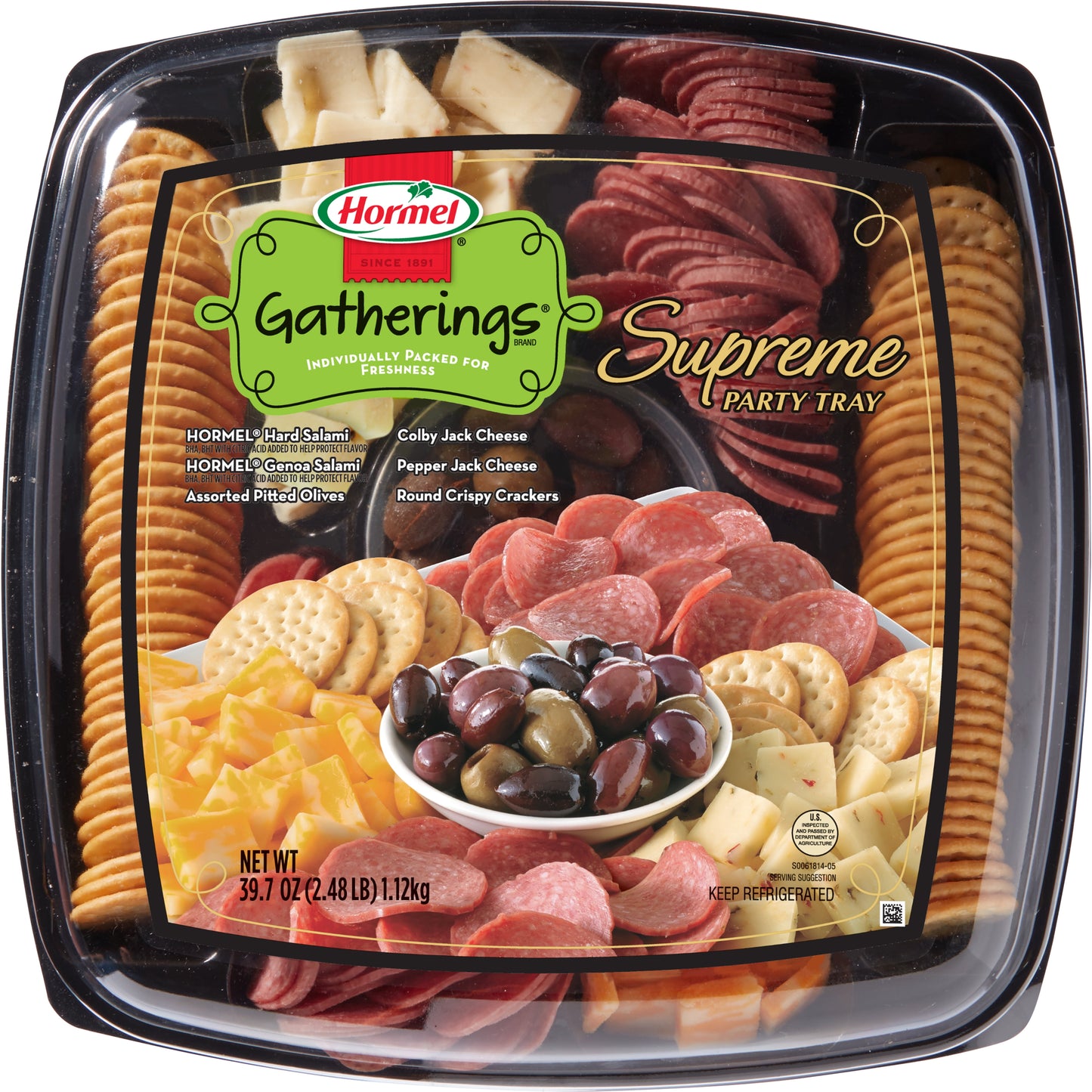 HORMEL GATHERINGS, Salami and Olives with Cheese and Crackers, Deli Supreme Party Tray, 40 oz Plastic Tray