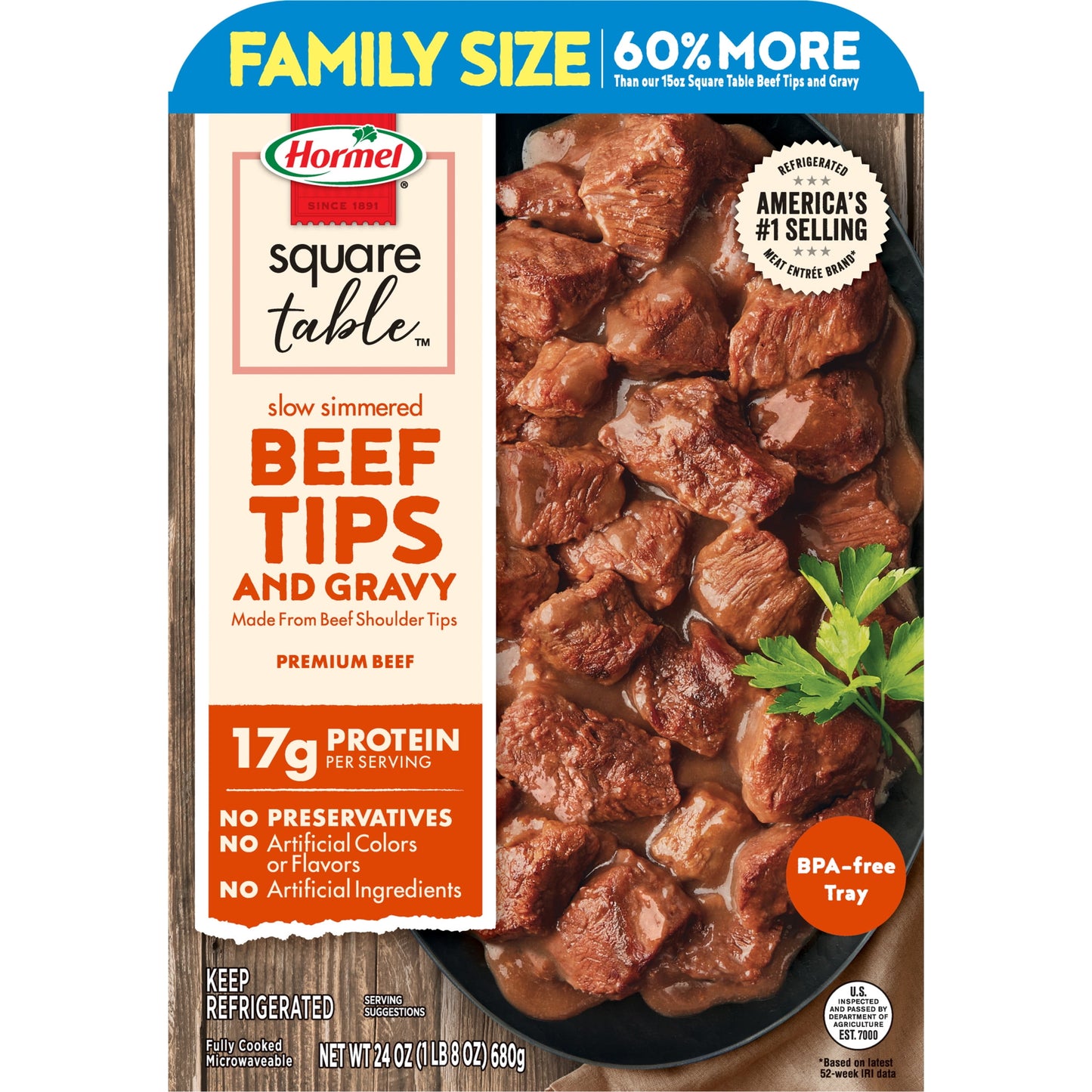 HORMEL SQUARE TABLE Slow Simmered Beef Tips & Gravy Family Size Refrigerated Entrée Chopped, 24 oz Plastic Tray